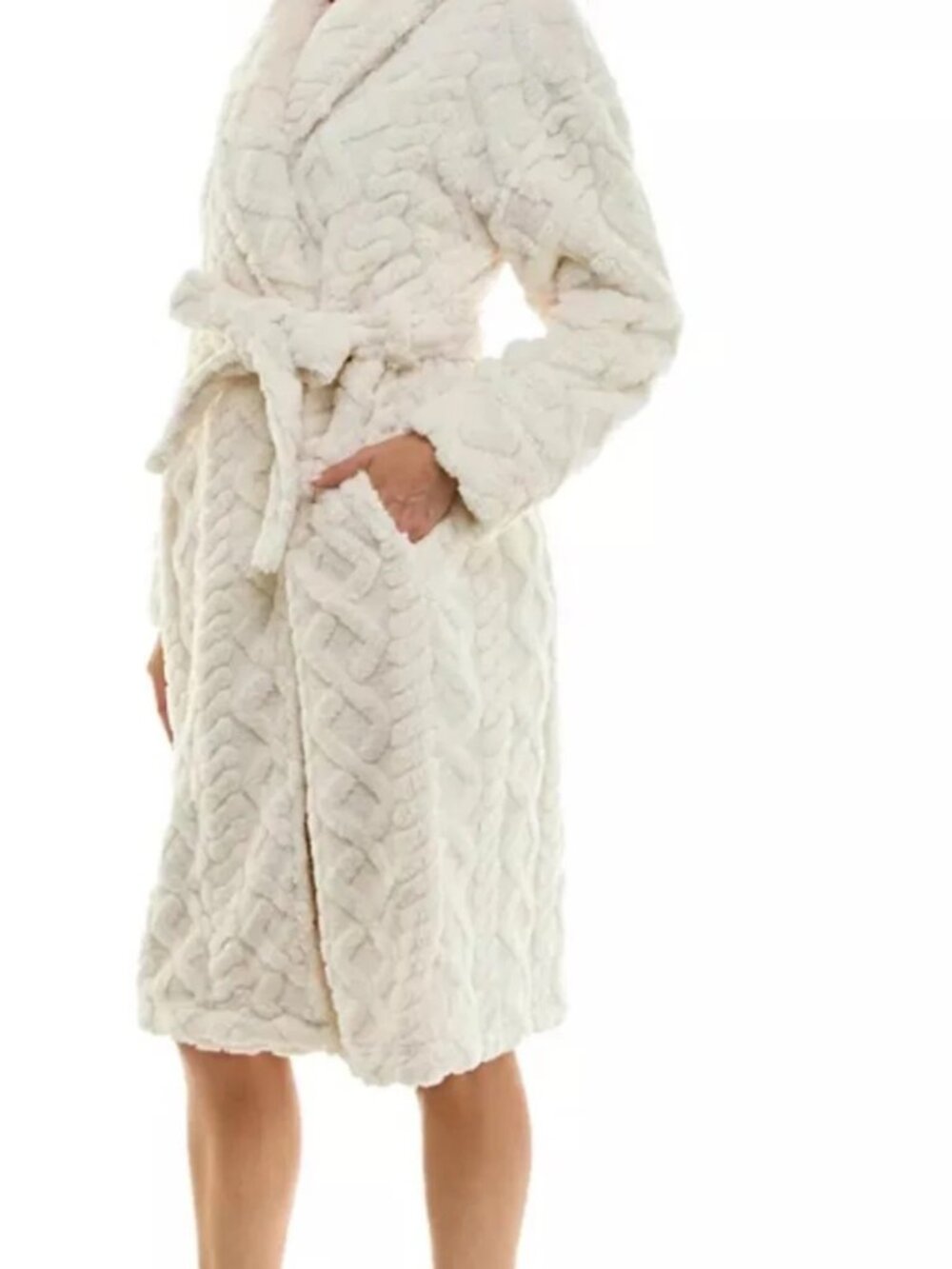 #1821 Roudelain Wrap Bathrobe Fleece Cable Knit Shawl Collar Belt Waist - Picture 4 of 8